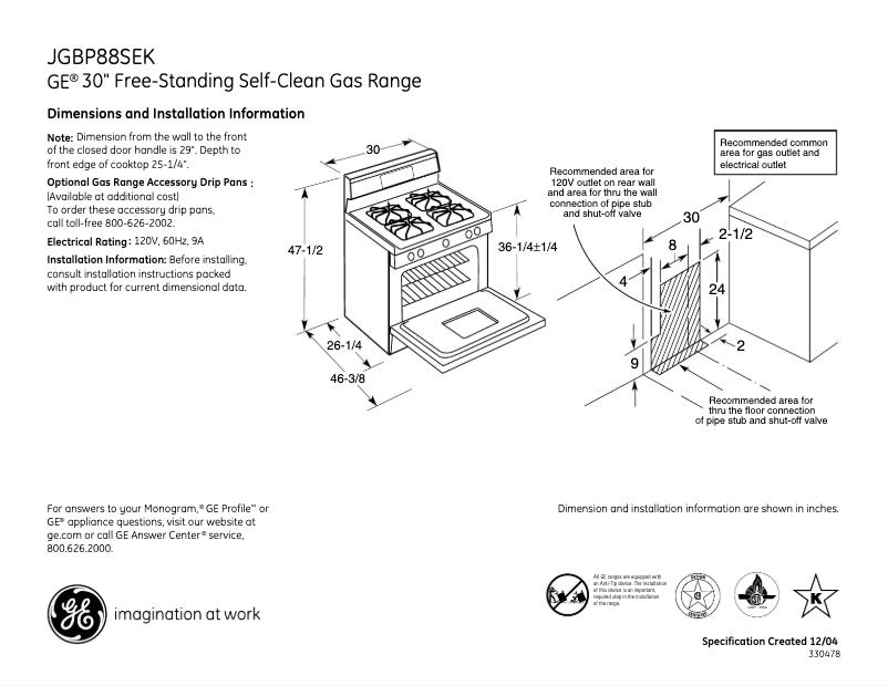 Page 1 de la notice Fiche technique GE JGBP88SEKSS