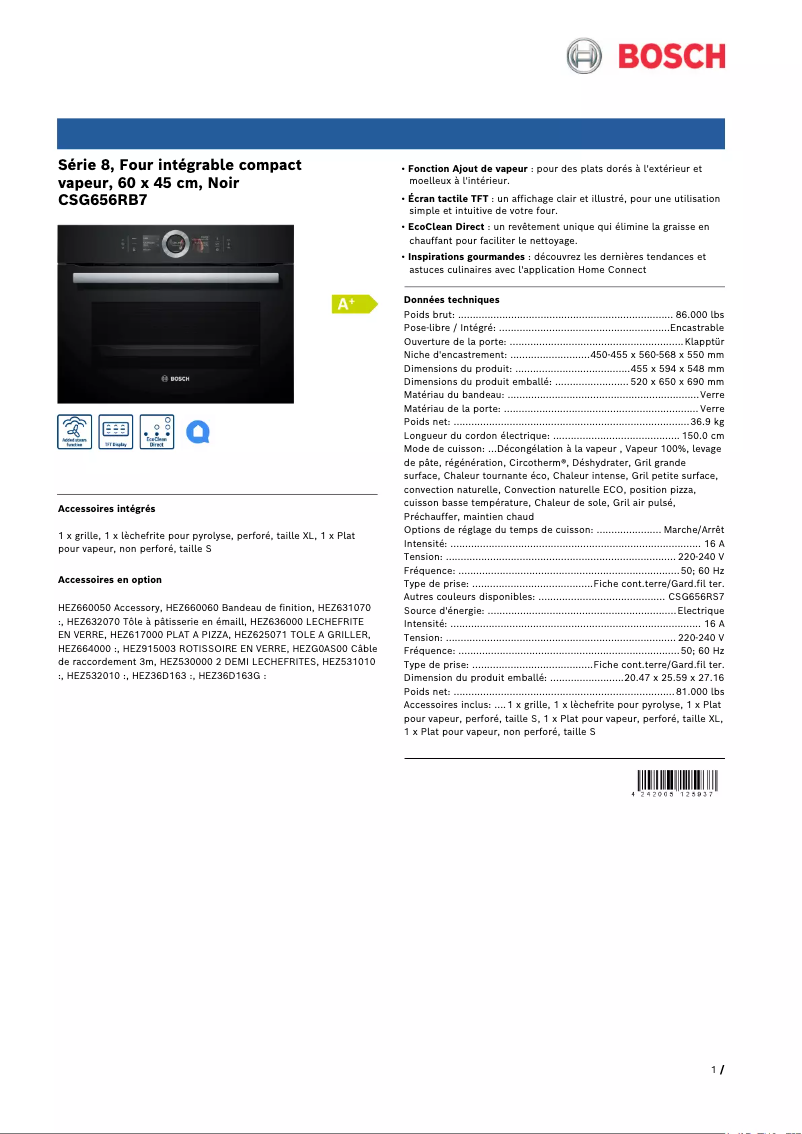 Page 1 de la notice Fiche technique Bosch CSG656RB7