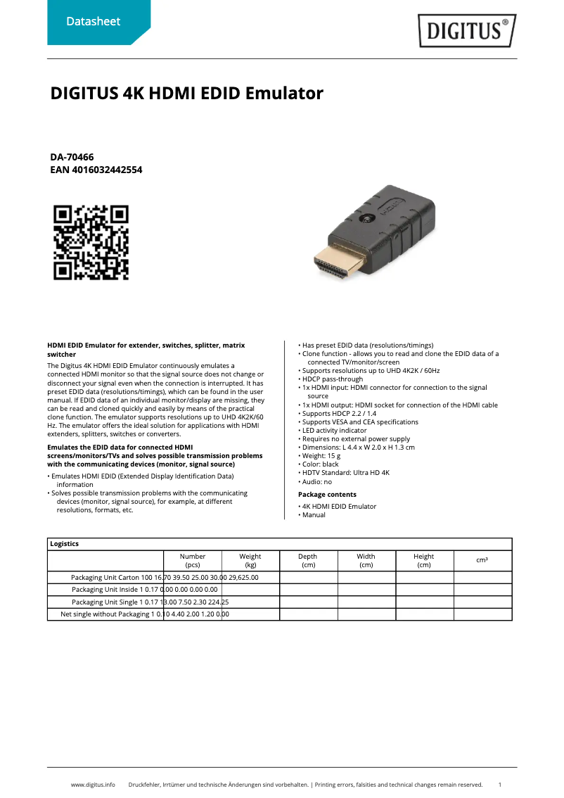 Page 1 de la notice Fiche technique Digitus DA-70466