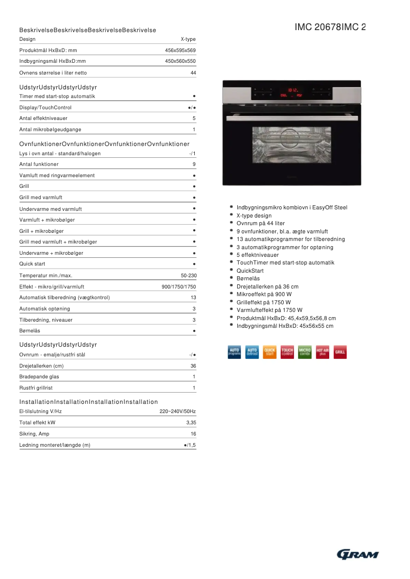 Page 1 de la notice Fiche technique Gram IMC 20678-90 X