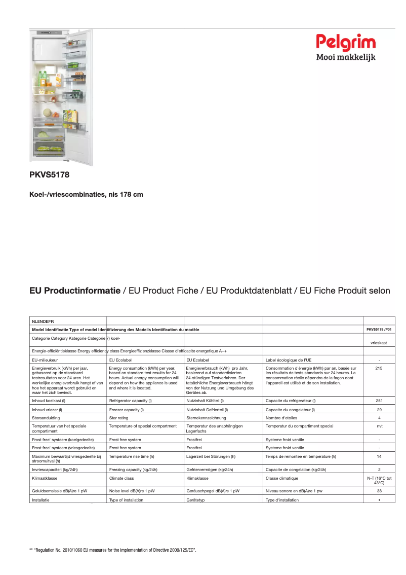 Page 1 de la notice Fiche technique Pelgrim PKVS5178