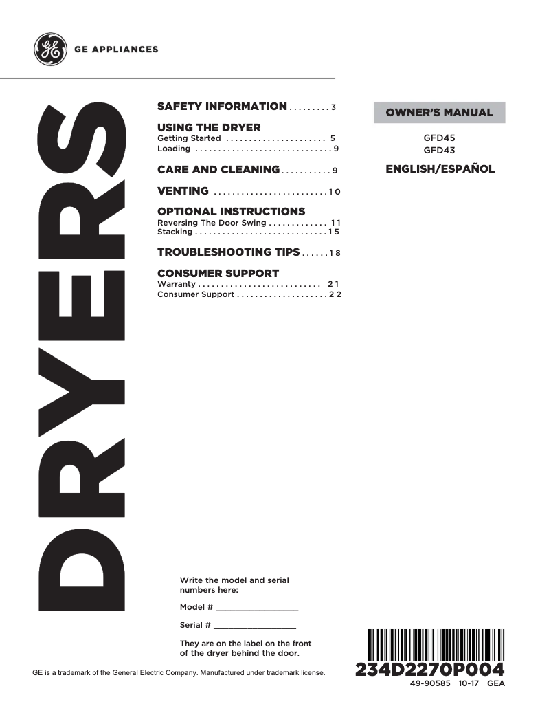 Page 1 de la notice Manuel d'utilisation et d'entretien GE GFD45GSSMWW