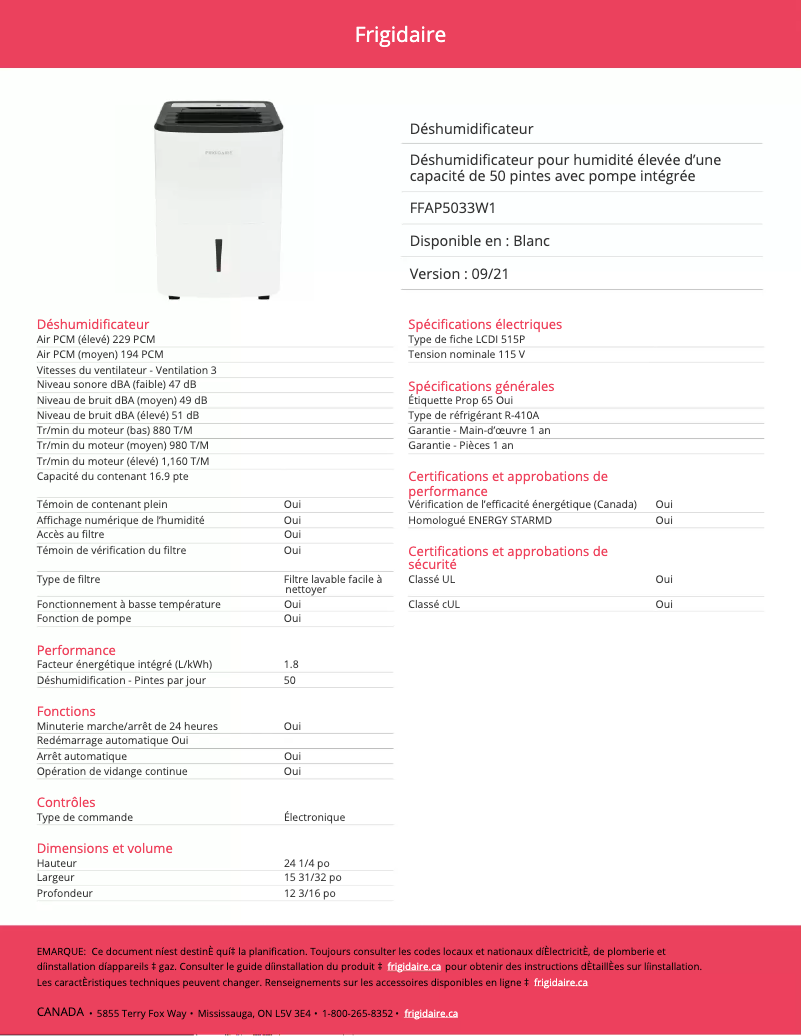 Image de la première page du manuel de l'appareil FFAP5033W1