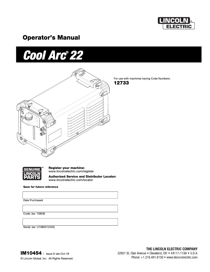 Page n°1 - Manuel utilisateur Lincoln Electric Cool Arc 22