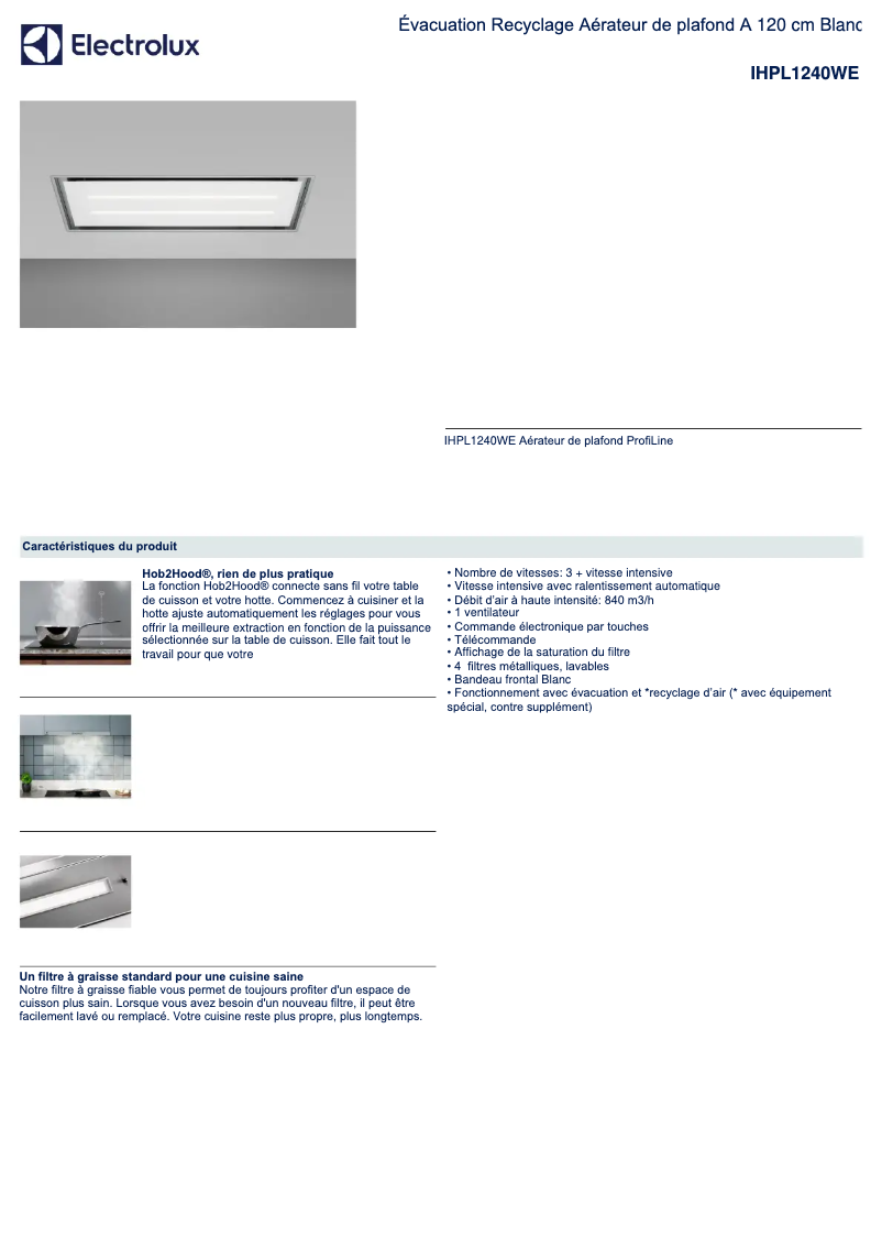 Page 1 de la notice Fiche technique Electrolux IHPL1240WE