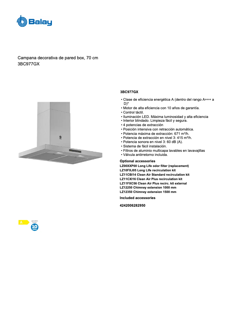 Page 1 de la notice Fiche technique Balay 3BC977GX