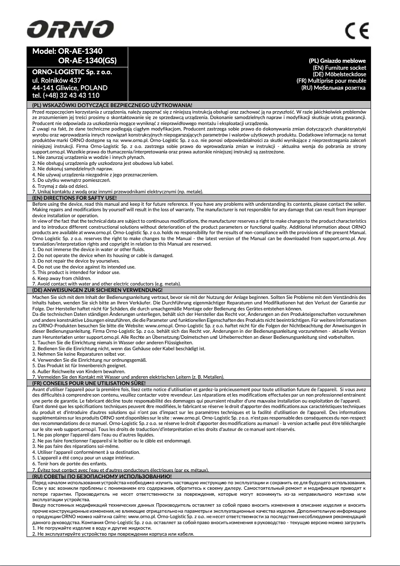 Page n°1 - Manuel utilisateur ORNO OR-AE-1340