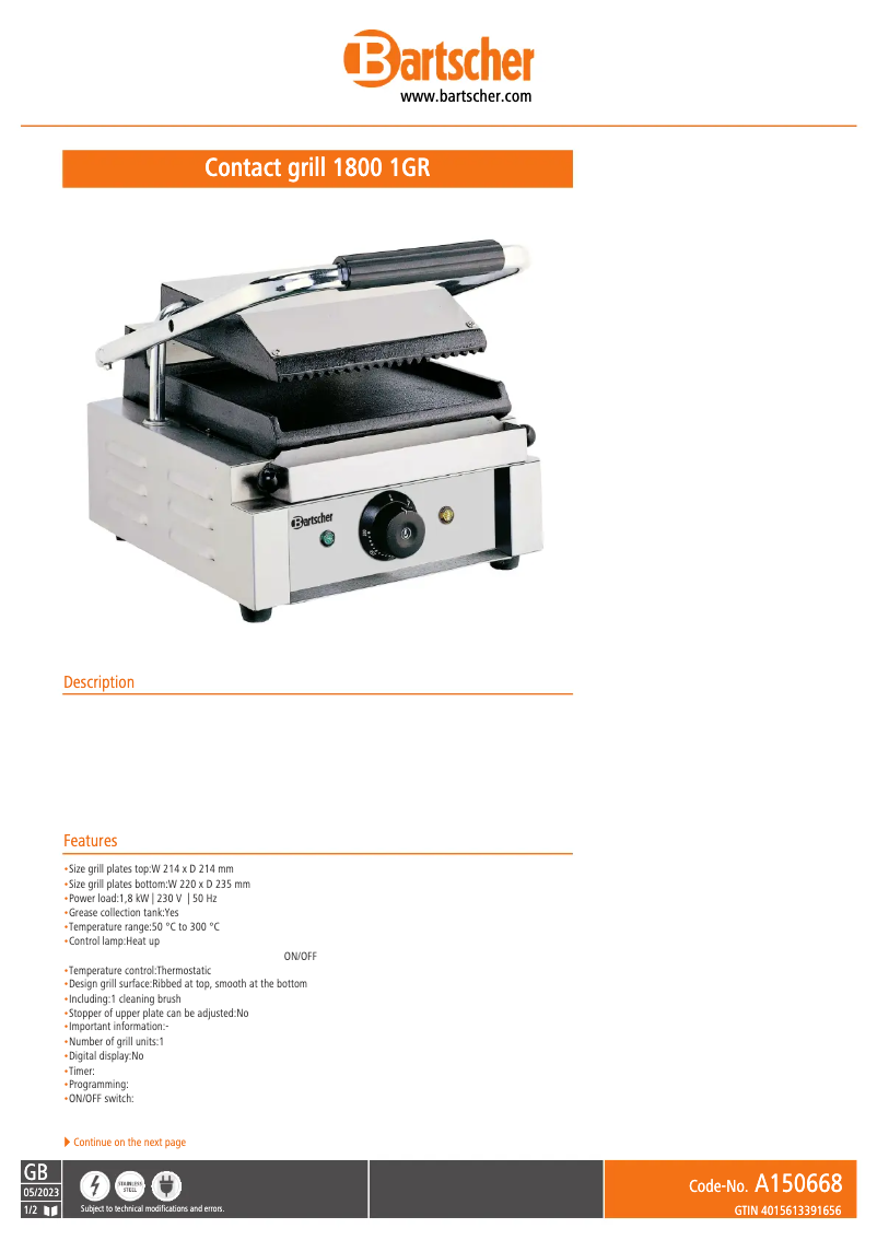 Page n°1 - Fiche technique Bartscher A150668