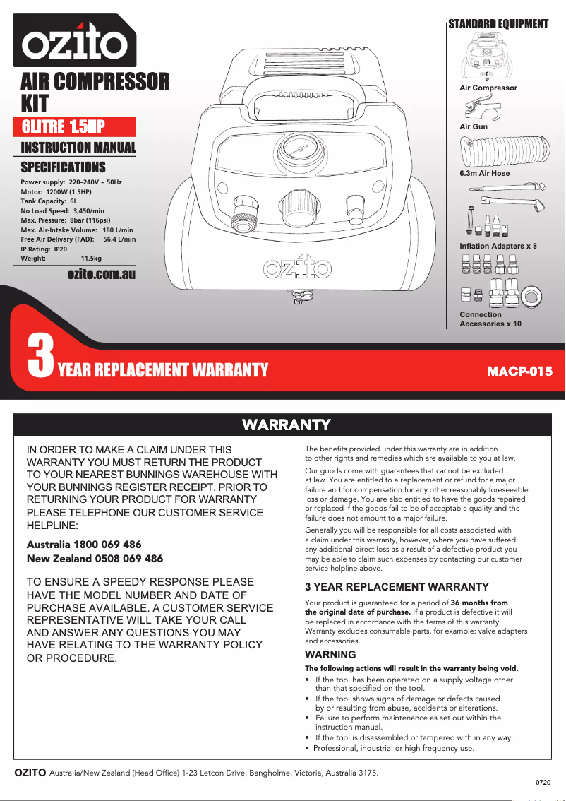 Page 1 de la notice Manuel utilisateur Ozito MACP-015