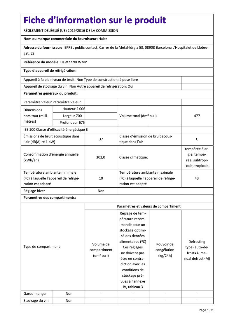 Page n°1 - Fiche technique Haier HFW7720EWMP