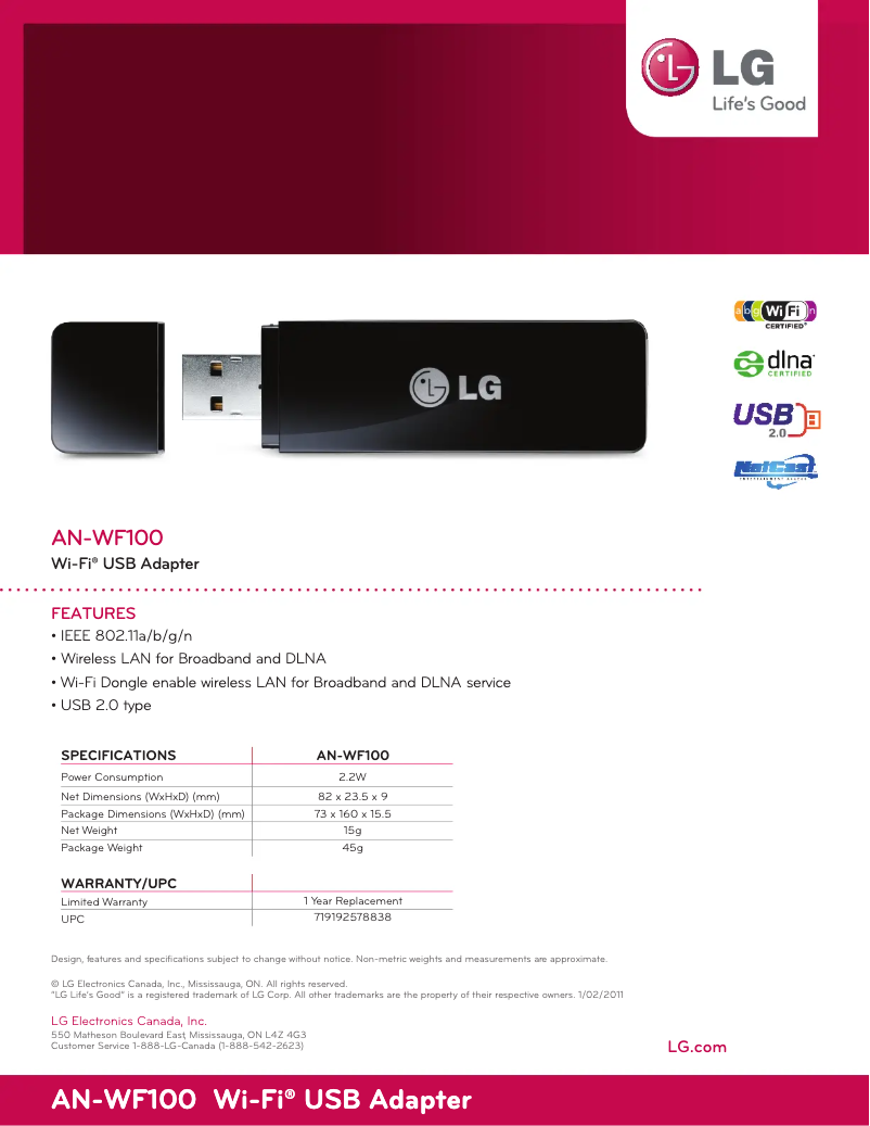 Image de la première page du manuel de l'appareil AN-WF100
