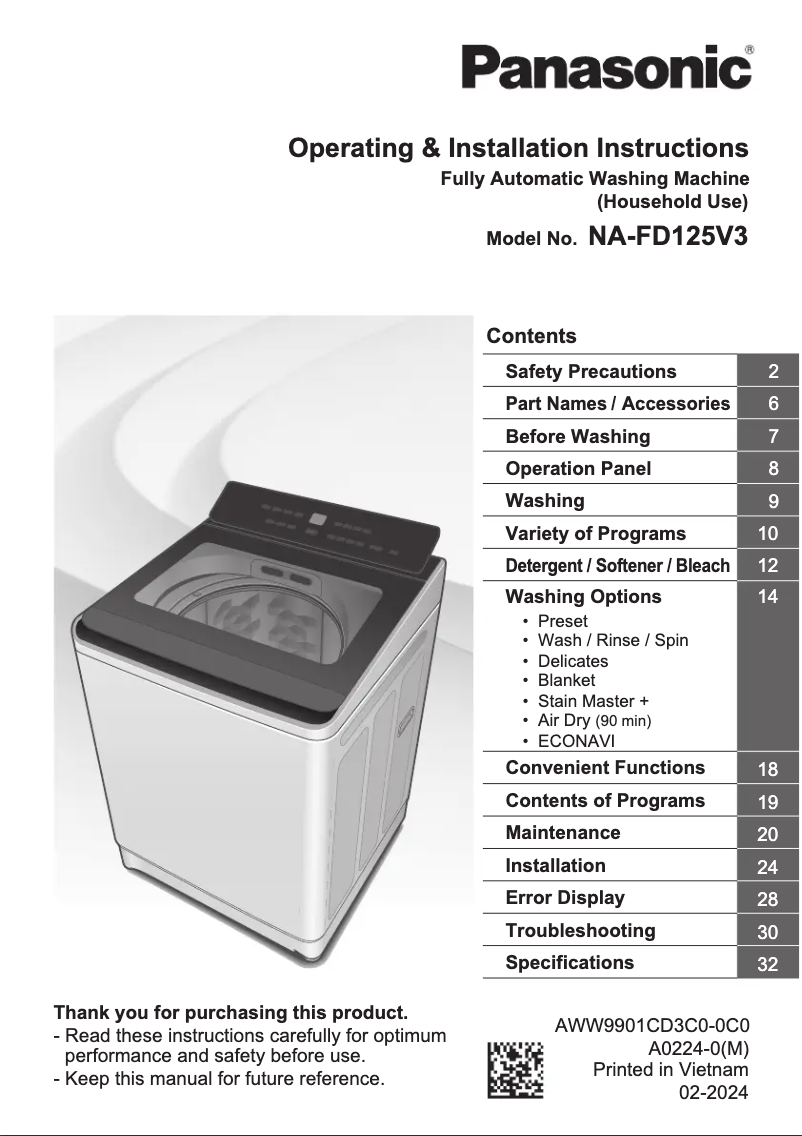 Page n°1 - Manuel utilisateur Panasonic NA-FD125V3