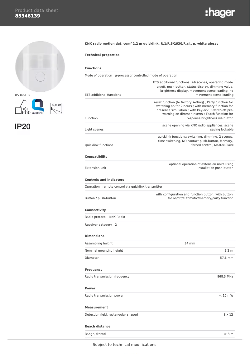 Page n°1 - Fiche technique Hager 85346139