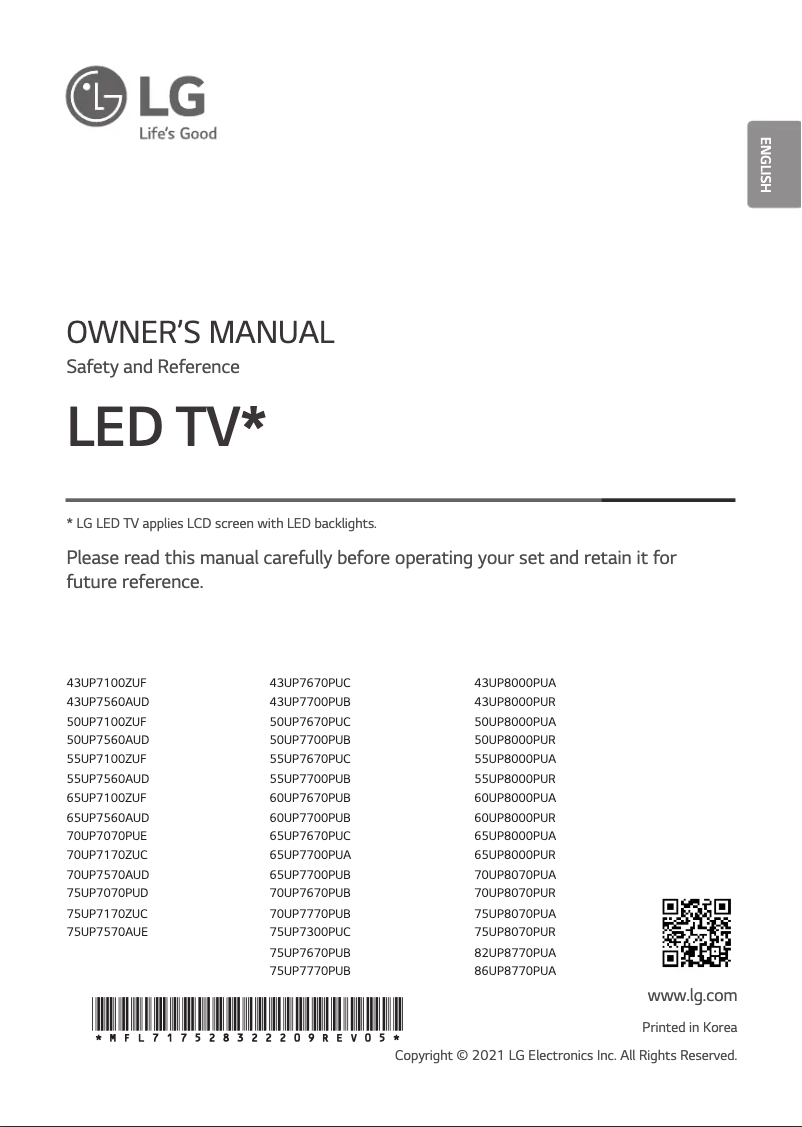 Page 1 de la notice Manuel utilisateur LG 75UP8070PUR