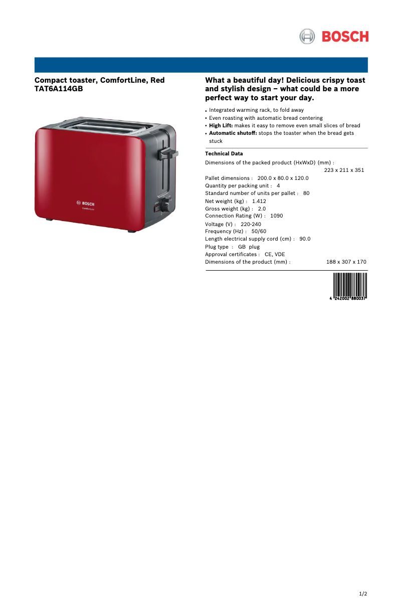 Página 1 del manual Ficha técnica Bosch ComfortLine TAT6A114GB