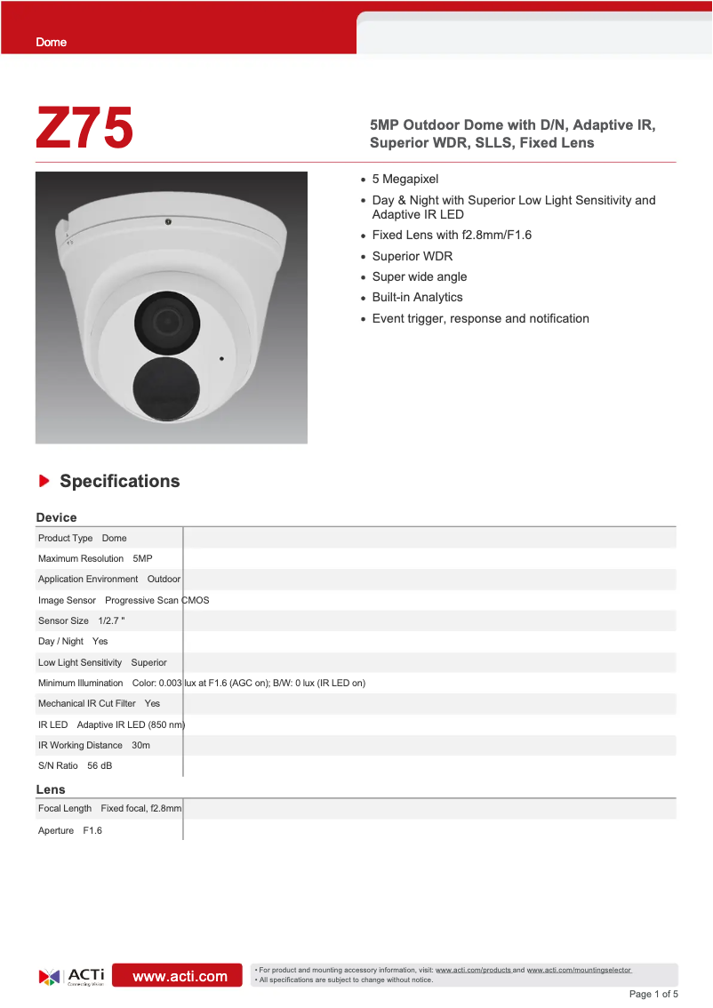 Page 1 de la notice Fiche technique ACTi Z75