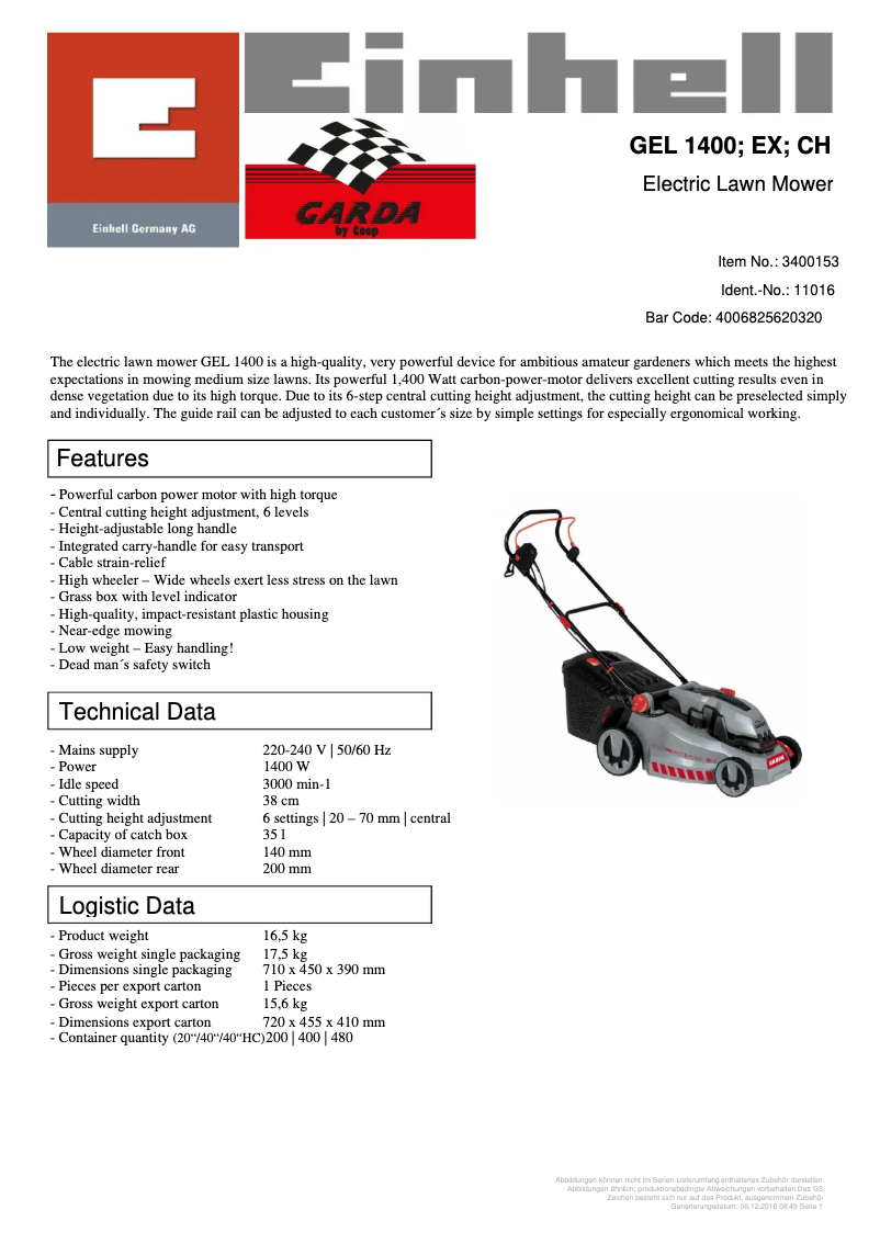 Página 1 del manual Ficha técnica GARDA GEL 1400