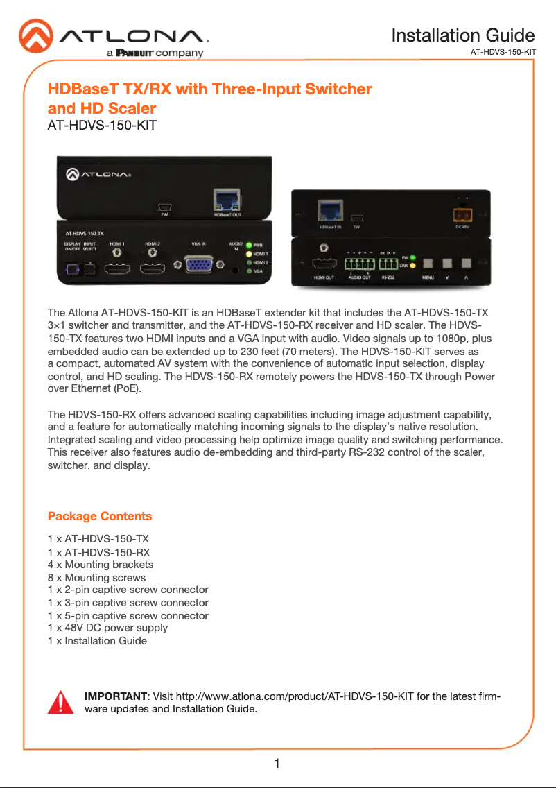 Page n°1 - Guide d'installation Atlona AT-HDVS-150-KIT