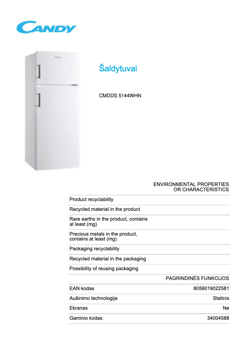 Page 1 de la notice Fiche technique Candy CMDDS 5144WHN