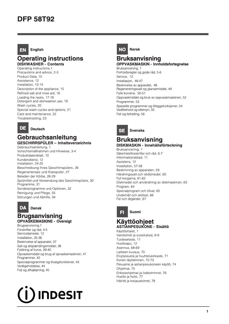 Page 1 de la notice Manuel utilisateur Indesit DFP 58T92 CA NX SK