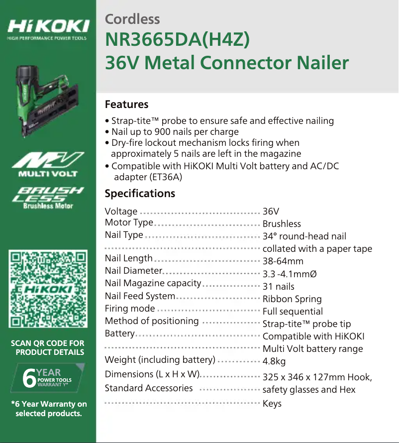 Page n°1 - Fiche technique HiKOKI NR3665DA