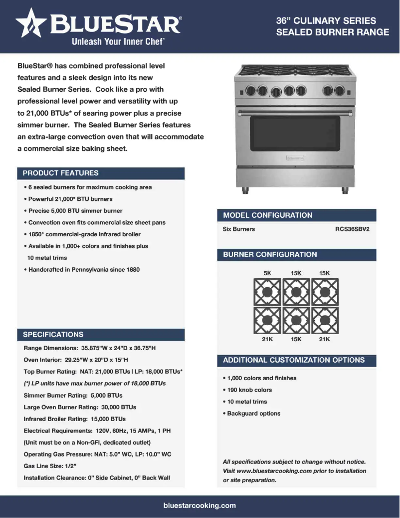 Page 1 de la notice Fiche technique BlueStar RCS36SBV2C-9003