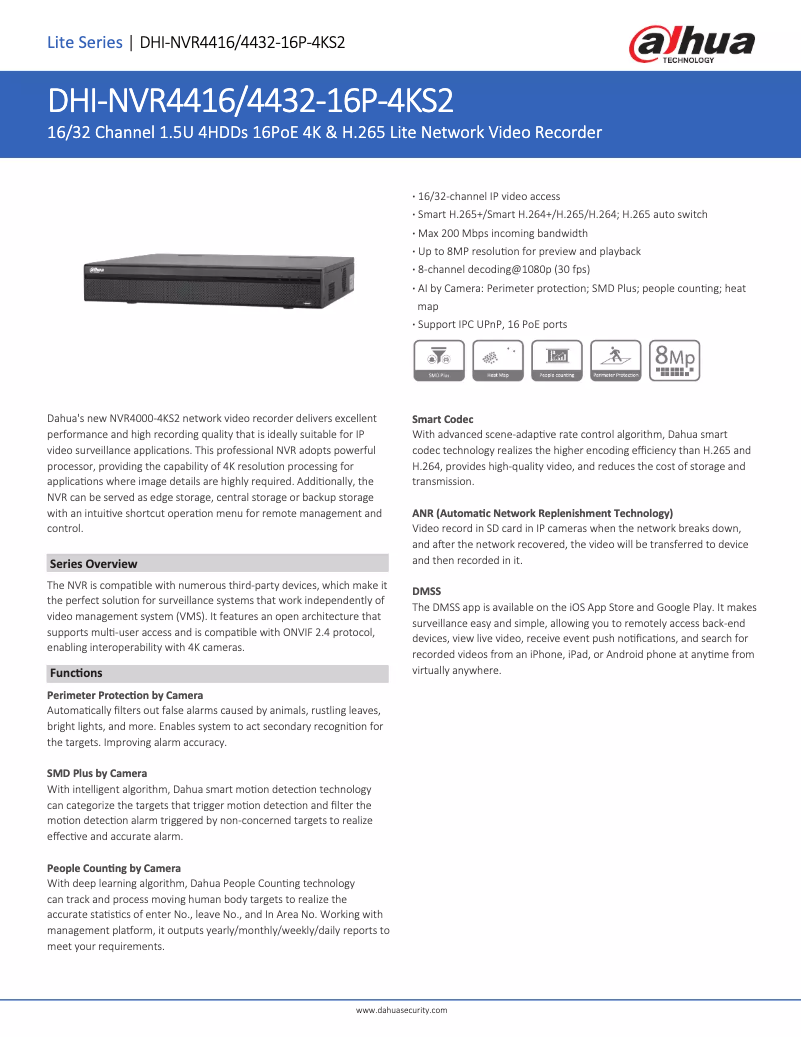 Page 1 de la notice Fiche technique Dahua Technology NVR4416-16P-4KS2
