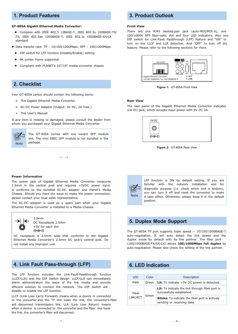 Page 1 de la notice Manuel utilisateur Planet GT-805A