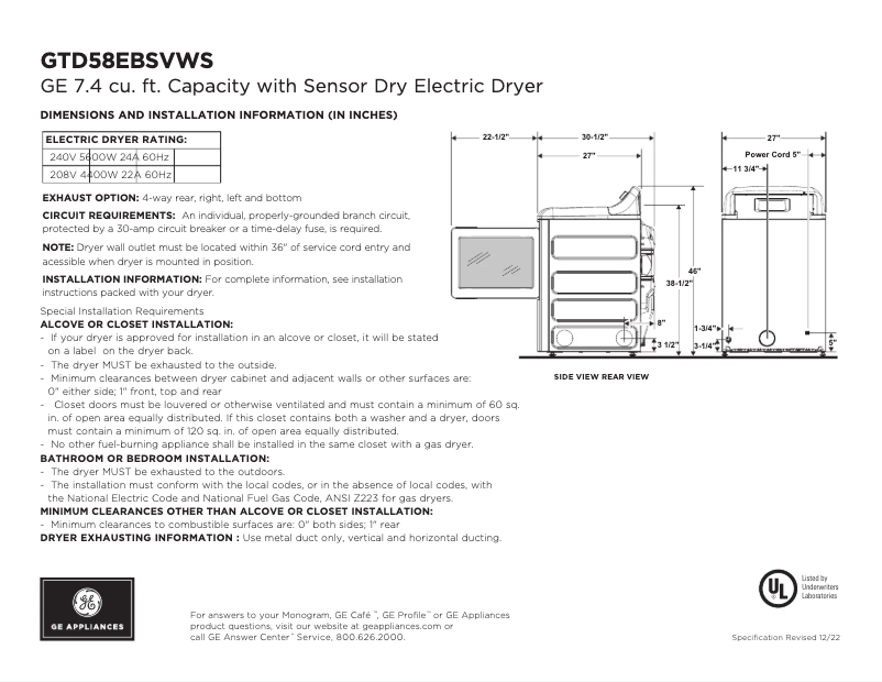 Página 1 del manual Ficha técnica GE Sensor Dry GTD58EBSVWS