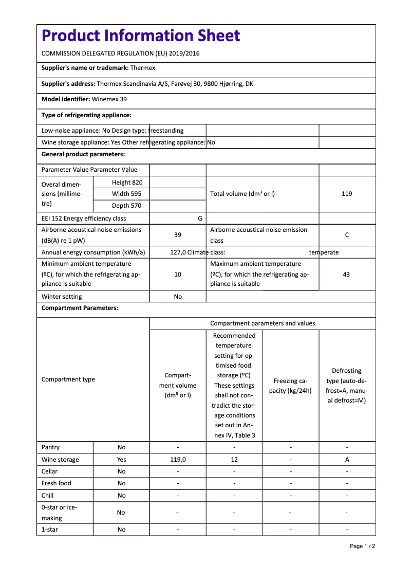 Image de la première page du manuel de l'appareil Winemex 39