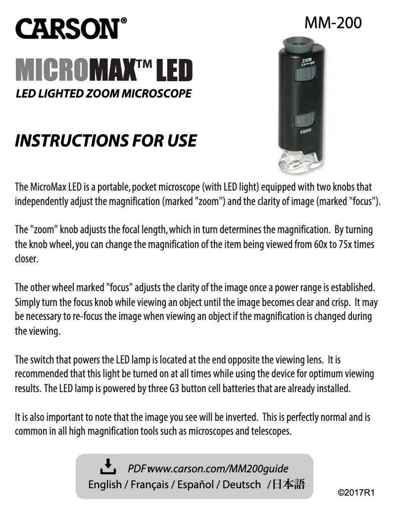 Page 1 de la notice Manuel utilisateur Carson MicroMax LED MM-200