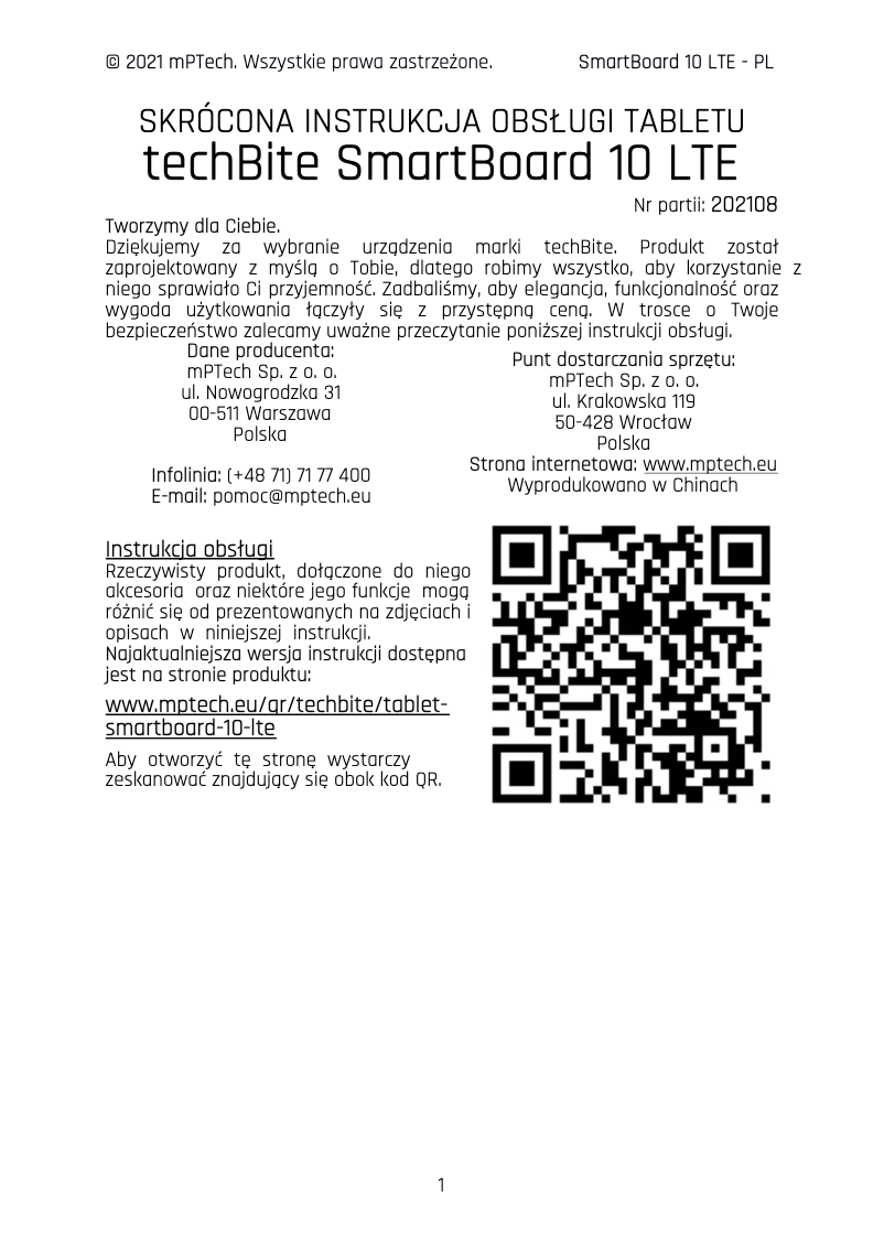 Page n°1 - Manuel utilisateur TechBite SmartBoard 10 LTE