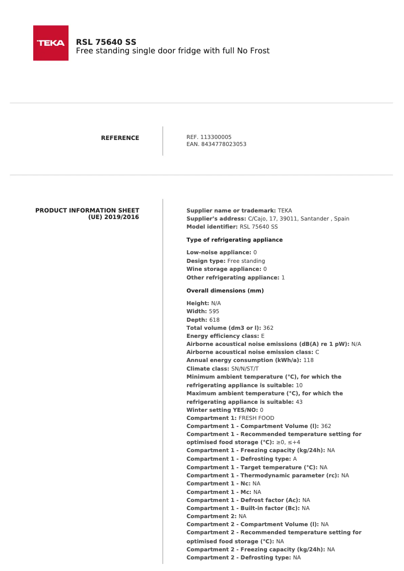 Page 1 de la notice Fiche technique Teka RSL 75640