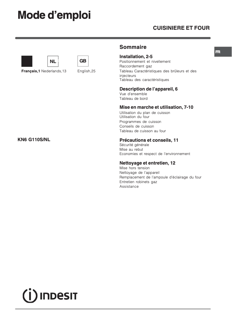 Page 1 de la notice Manuel utilisateur Indesit KN6G110SA(X)/NL