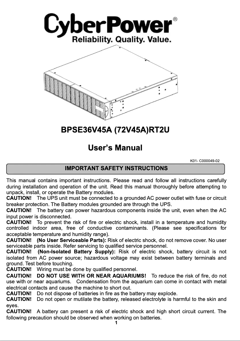 Page 1 de la notice Manuel utilisateur CyberPower BPSE36V45ART2U