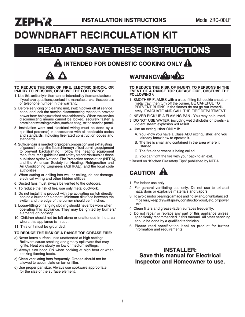 Page 1 de la notice Instructions / montage Zephyr DLI-E36ASX
