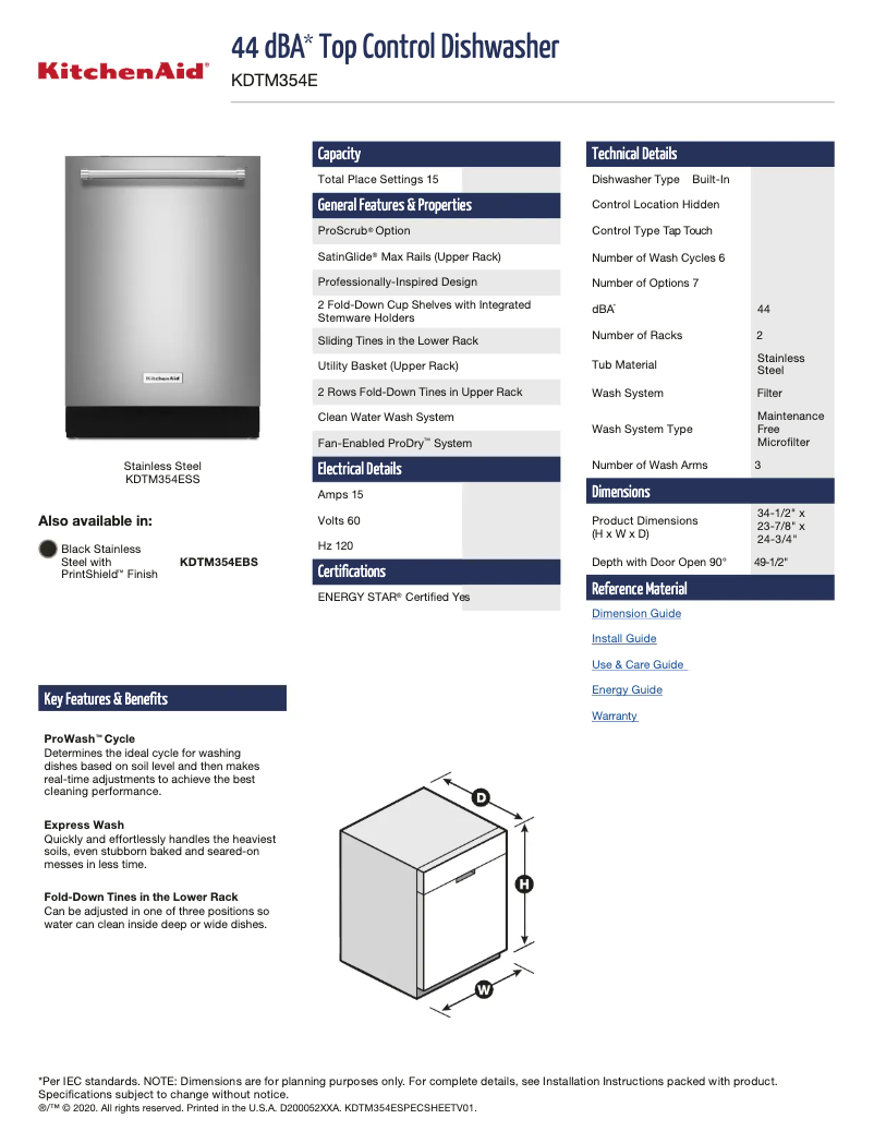 Page n°1 - Fiche technique KitchenAid KDTM354ESS