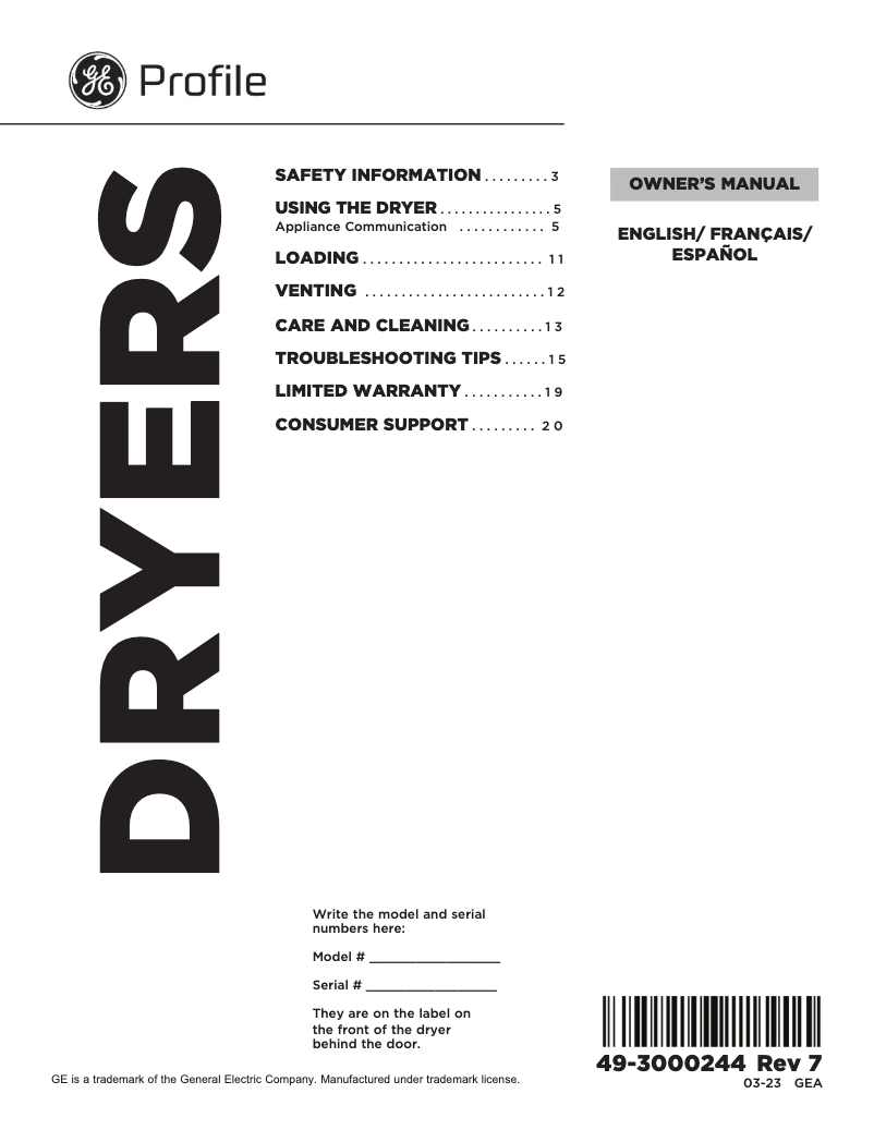 Page n°1 - Manuel utilisateur GE Profile PTD90GBPTRS