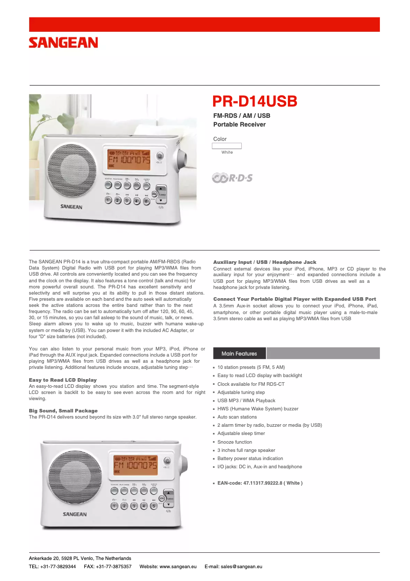 Page 1 de la notice Fiche technique Sangean PR-D14USB