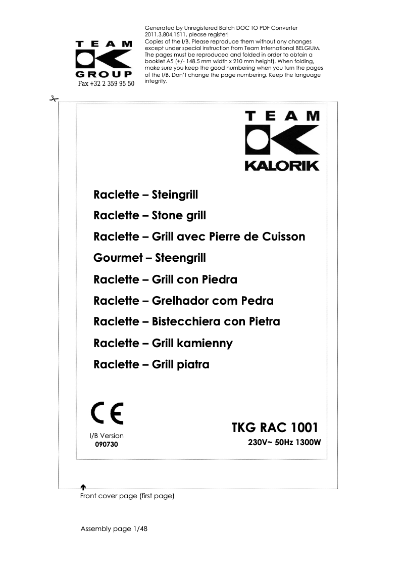 Image de la première page du manuel de l'appareil TKG RAC 1001