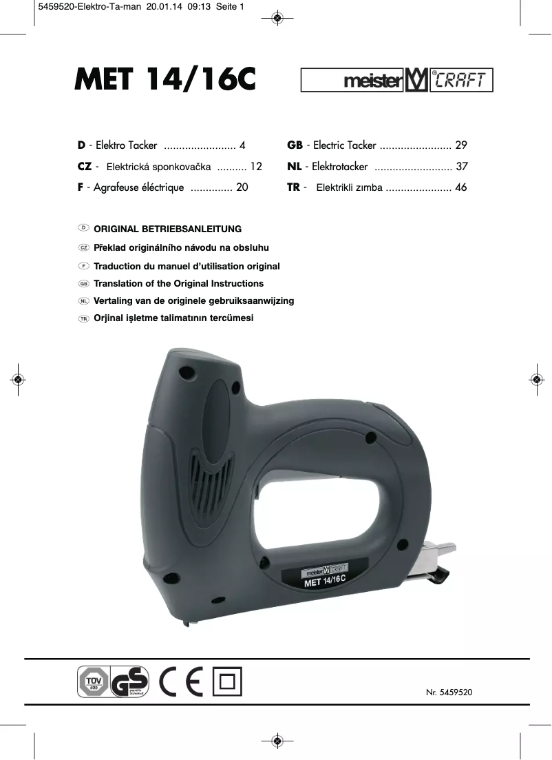 Page 1 de la notice Manuel utilisateur Meister Craft MET 14/16C