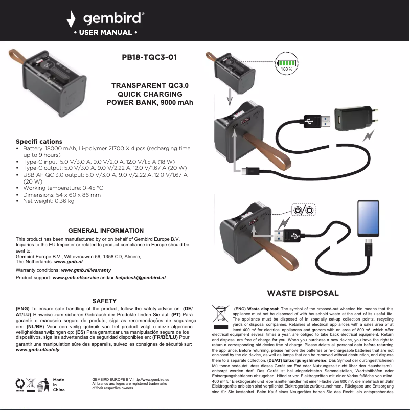 Page n°1 - Manuel utilisateur Gembird PB18-TQC3-01