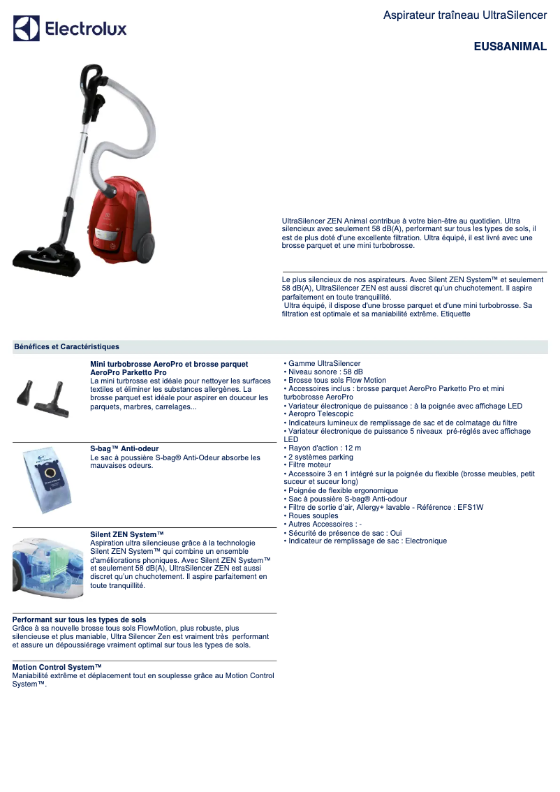 Page 1 de la notice Fiche technique Electrolux UltraSilencer
