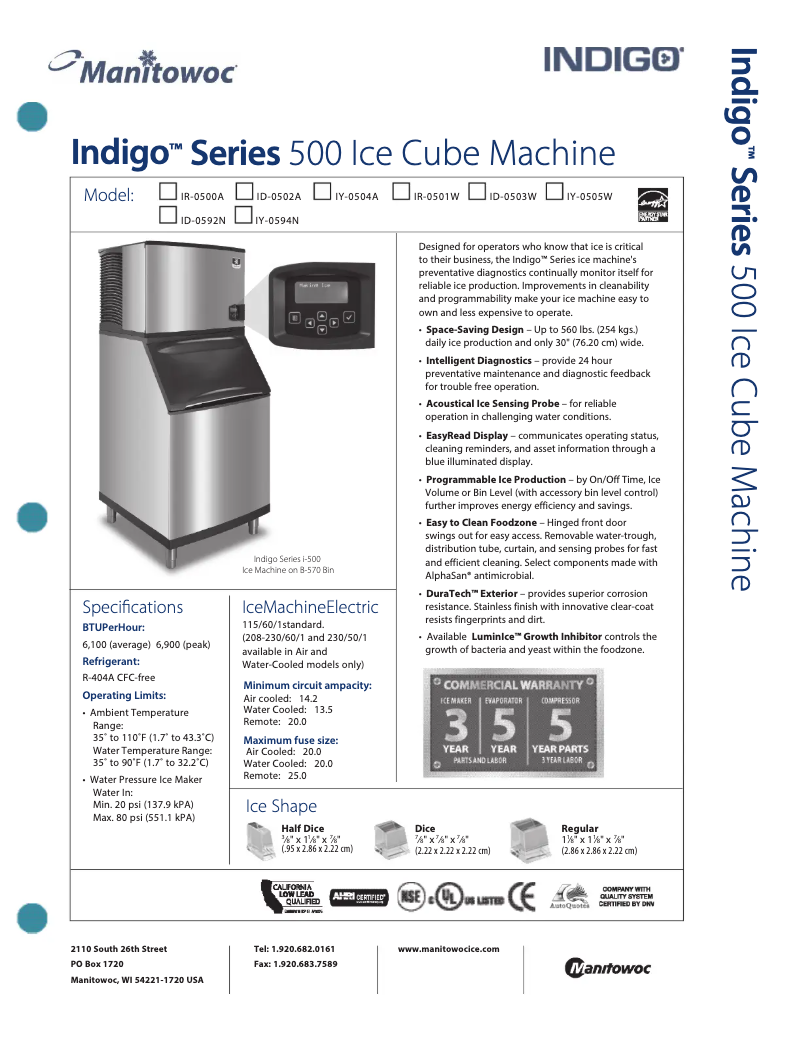 Page 1 de la notice Fiche technique Manitowoc ID-0592N