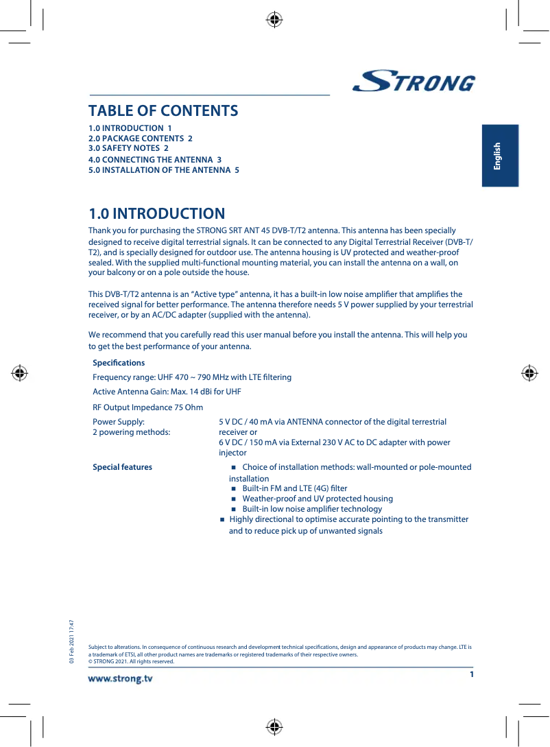Page n°1 - Manuel utilisateur Strong SRT ANT 45