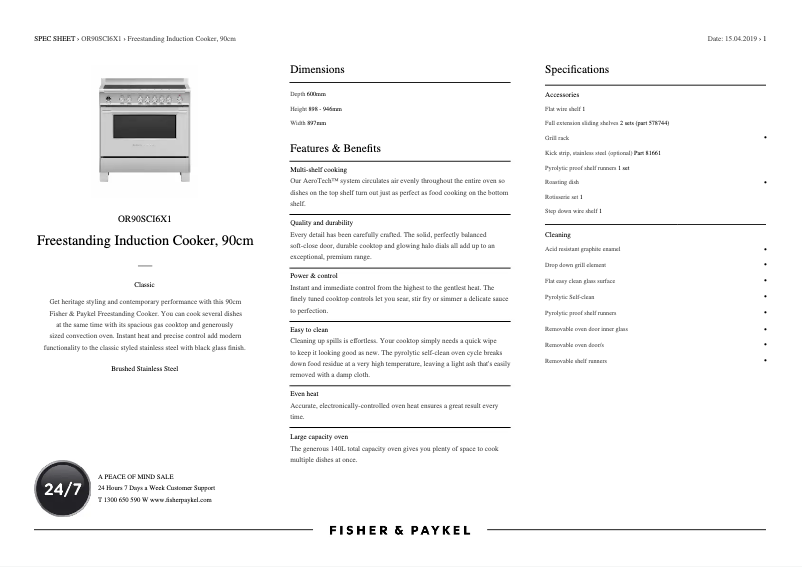 Page 1 de la notice Fiche technique Fisher & Paykel OR90SCI6X1