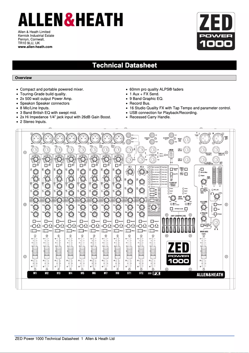 Page n°1 - Fiche technique Allen & Heath Zed Power 1000