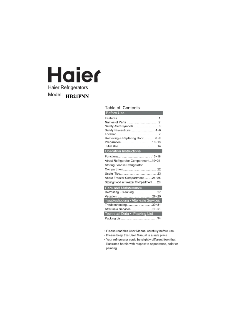 Page 1 de la notice Manuel utilisateur Haier HB21FGWAA