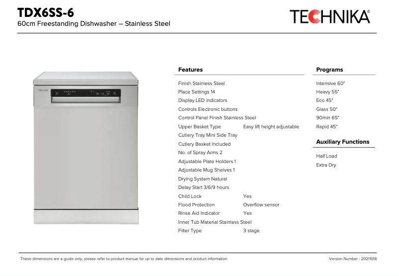 Page 1 de la notice Fiche technique Technika TDX6SS-6