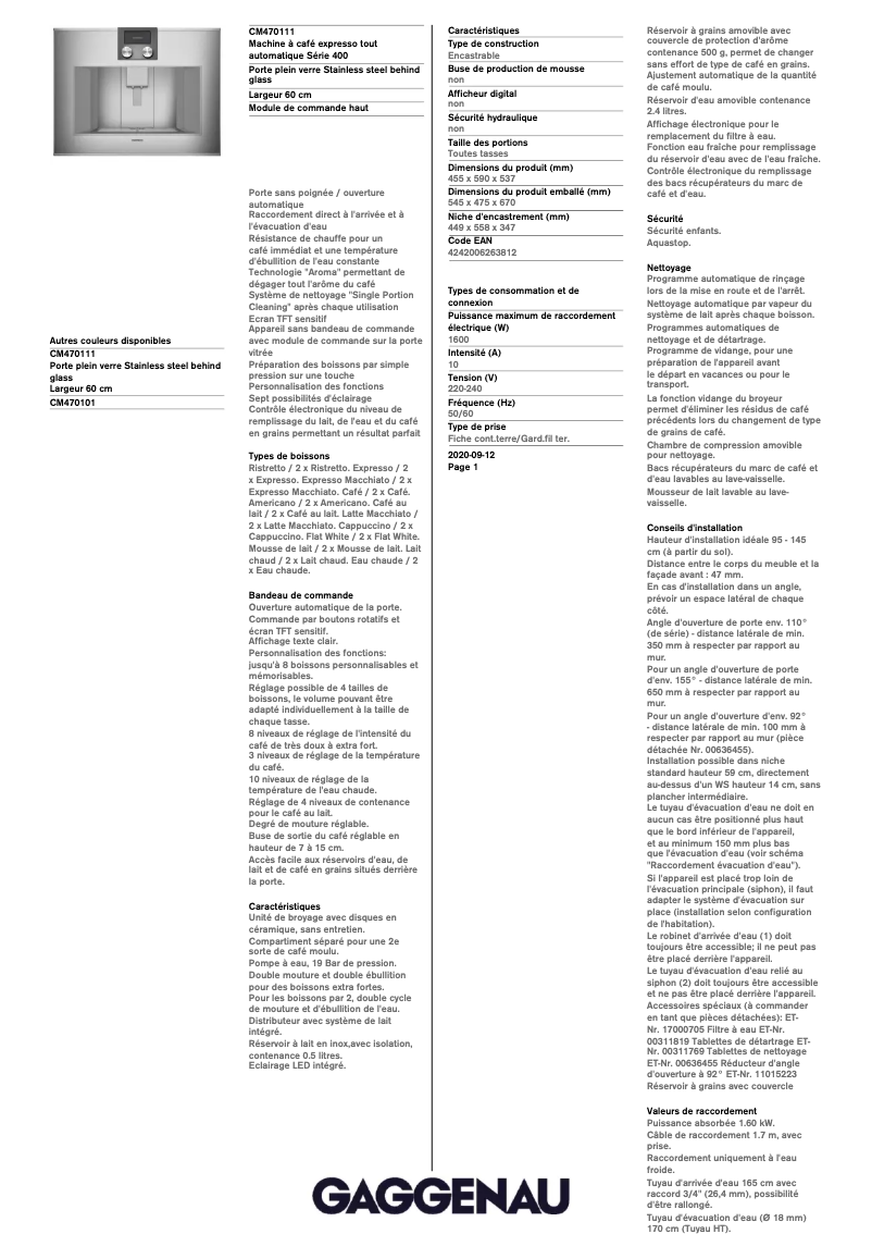Page 1 de la notice Fiche technique Gaggenau CM470111